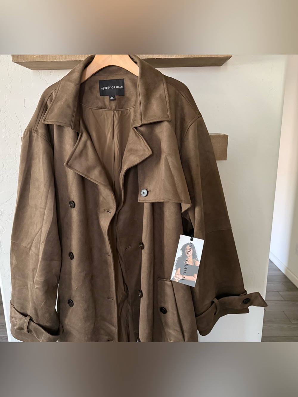 Ashley Graham|Brown Suede Double-Breasted full length Trench Coat,tie waist•NWT - Picture 9 of 17